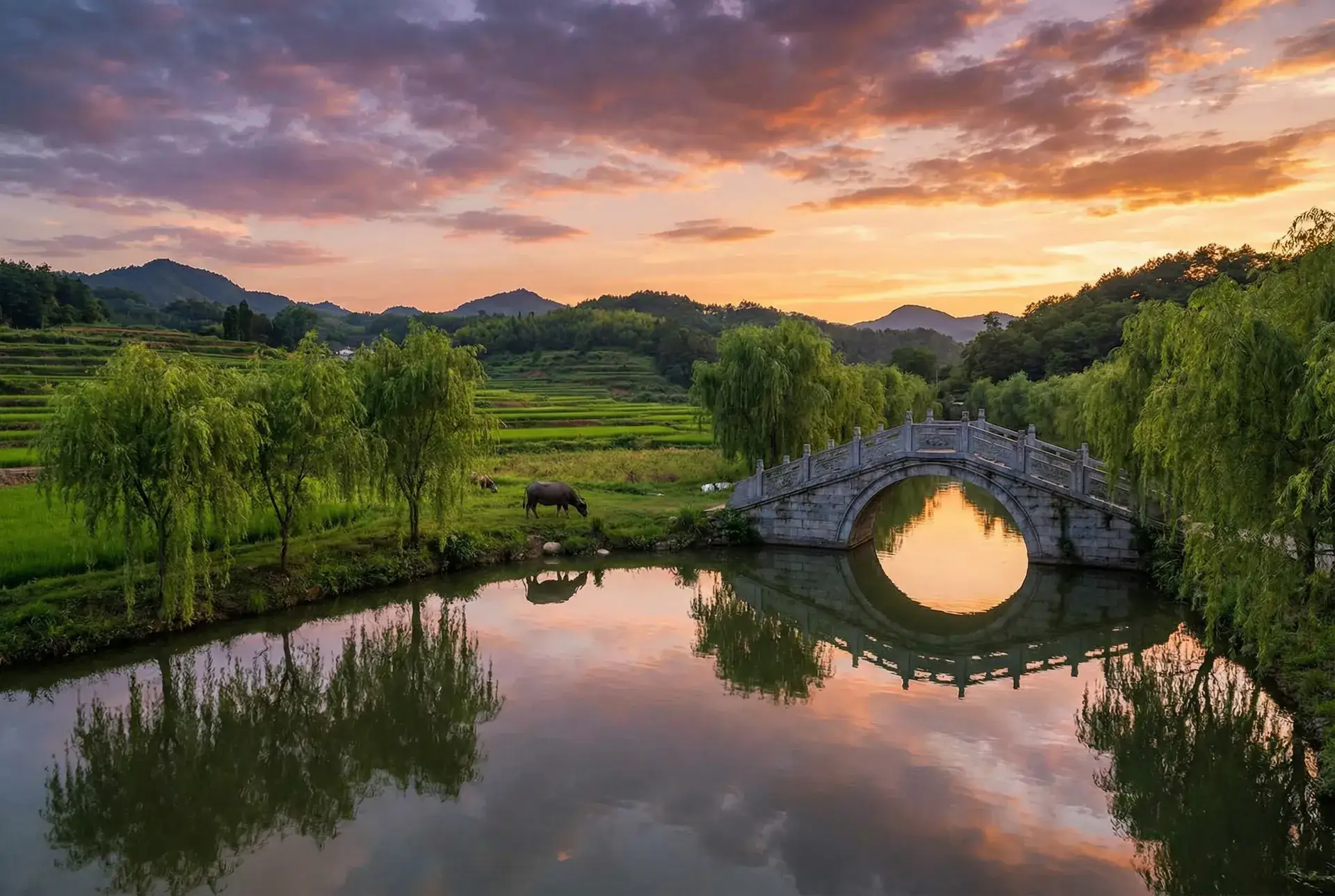 夕阳下的石拱桥与垂柳，水牛在河边吃草 - 清蒸玉足 乡村美景